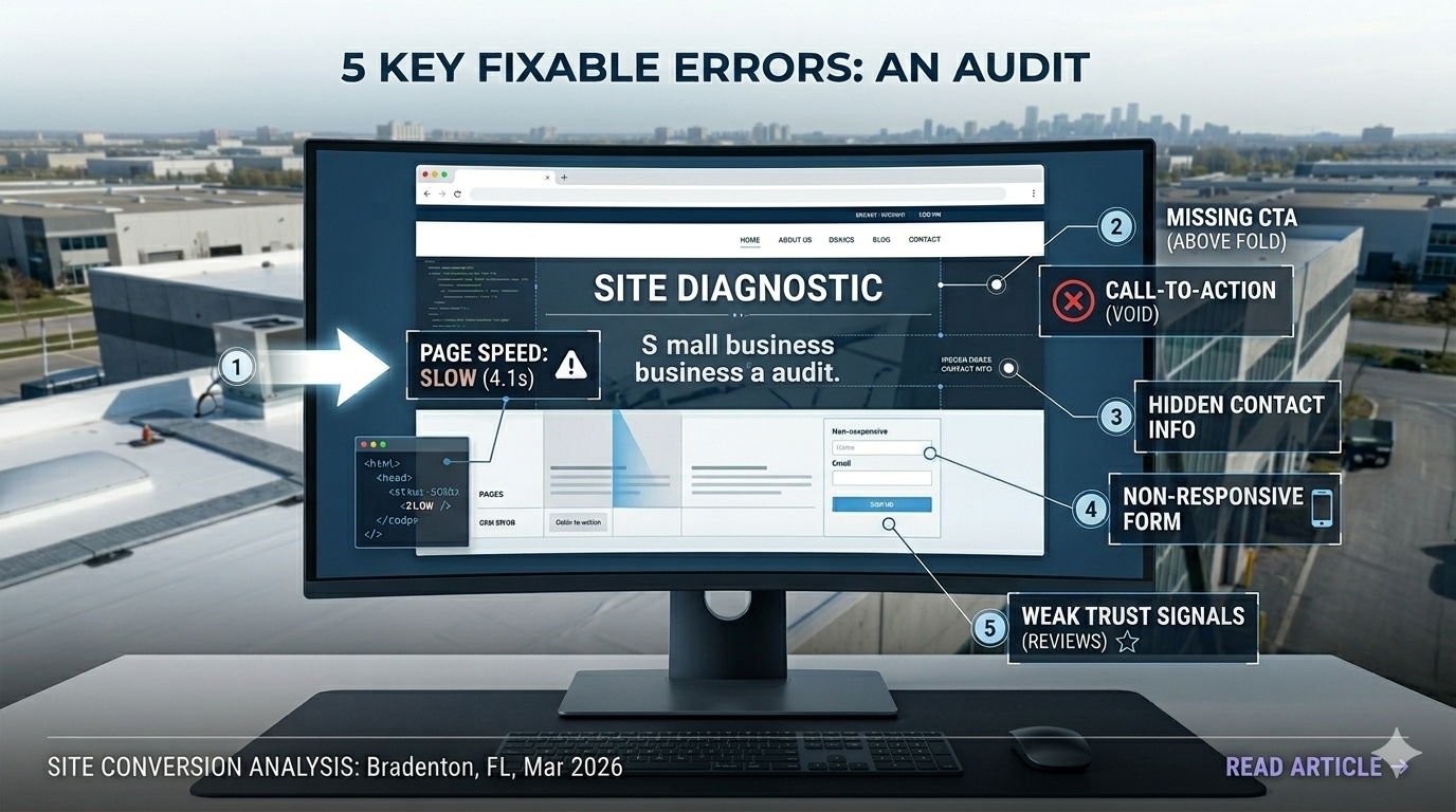 Website audit showing conversion issues like slow load time, missing CTA, and weak trust signals